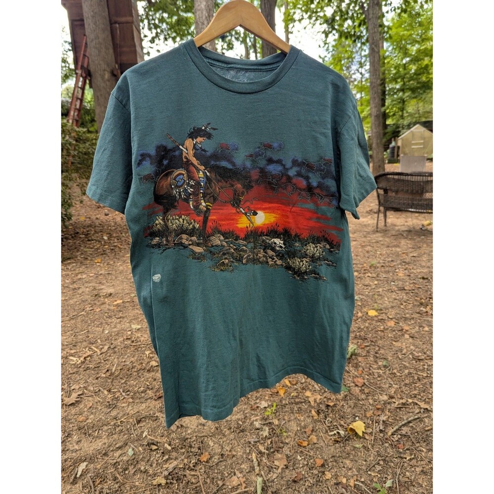 Vintage 1995 Image West Native American T Shirt Teal Single Stitch 90s Graphic